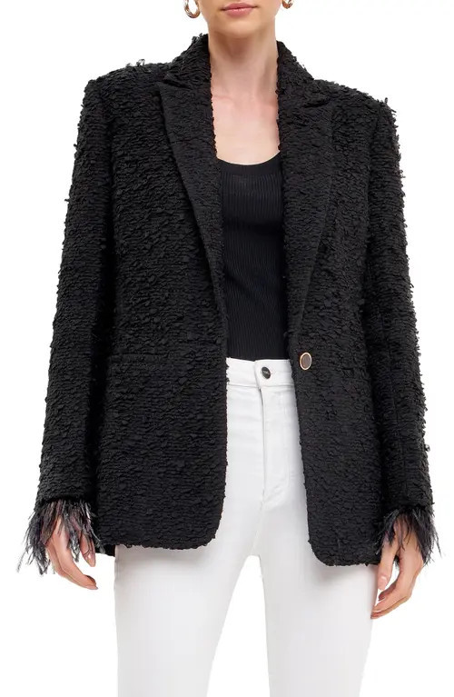 Endless Rose Feather Cuff Tweed Blazer in Black at Nordstrom, Size Small | Nordstrom