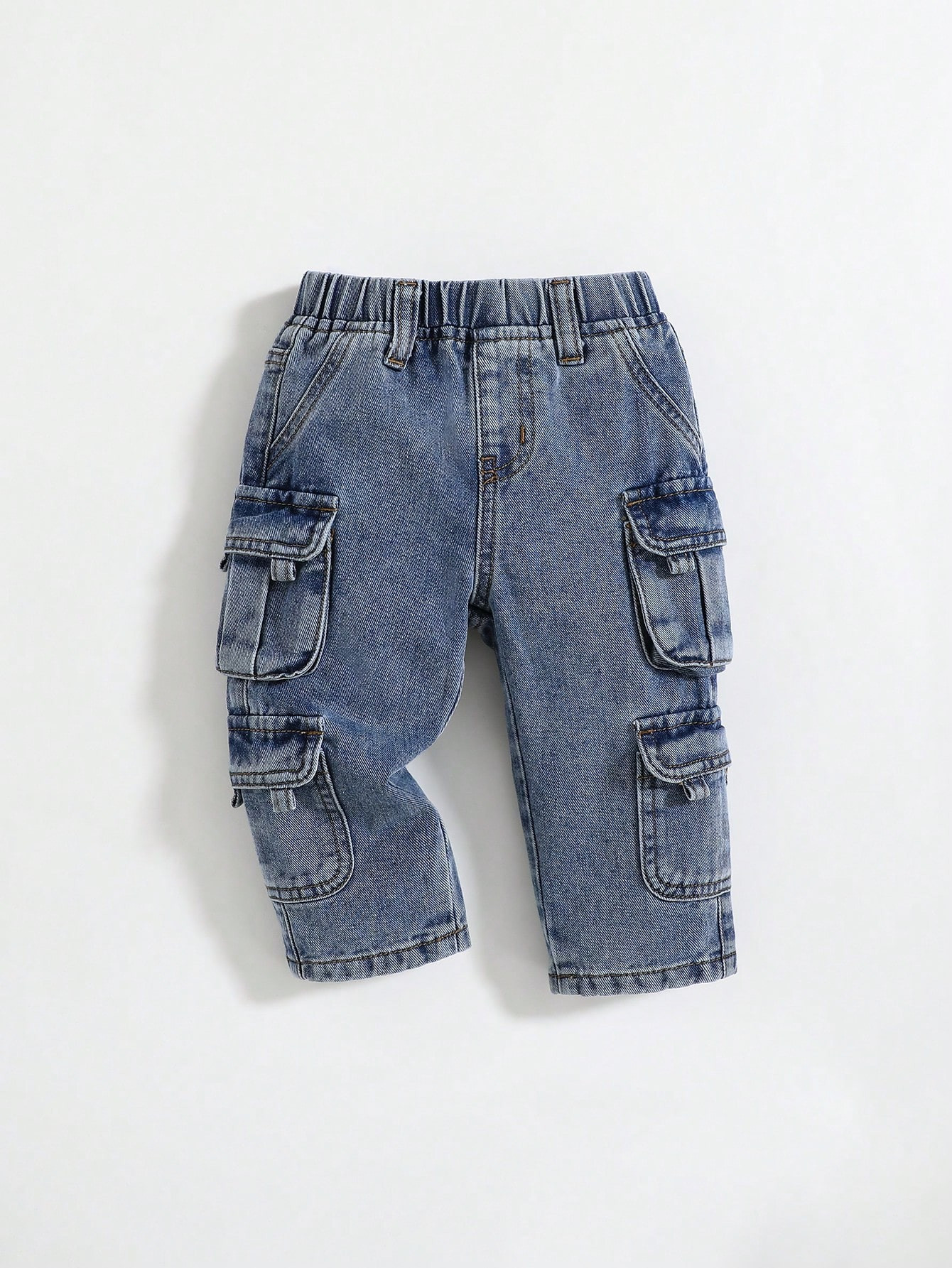 SHEIN Toddler/Baby Boys Trendy Cool Multiple Pockets And Contrast Stitching Denim Blue Jeans,Vers... | SHEIN