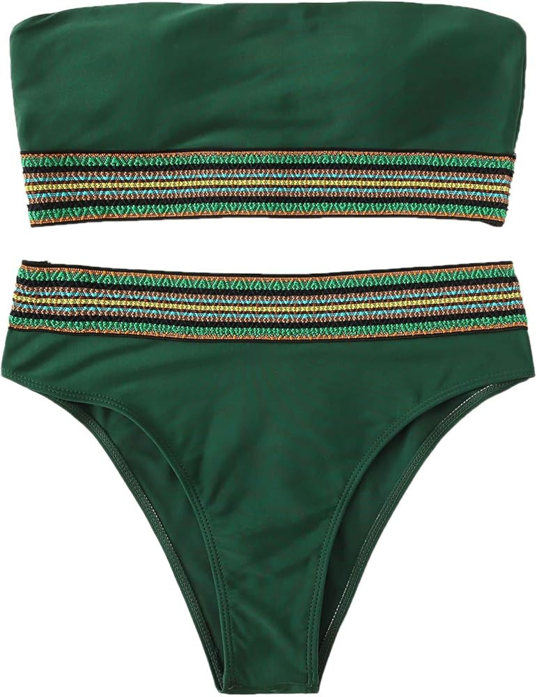 SweatyRocks Women's Bathing Suits Striped Bandeau Bikini high Waisted Swimsuits Swimwear Set | Amazon (US)