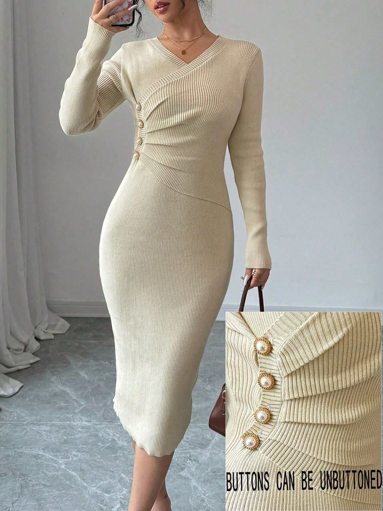 SHEIN Raffinéa Apricot Button Front Fitted Maxi Sweater Dress | SHEIN