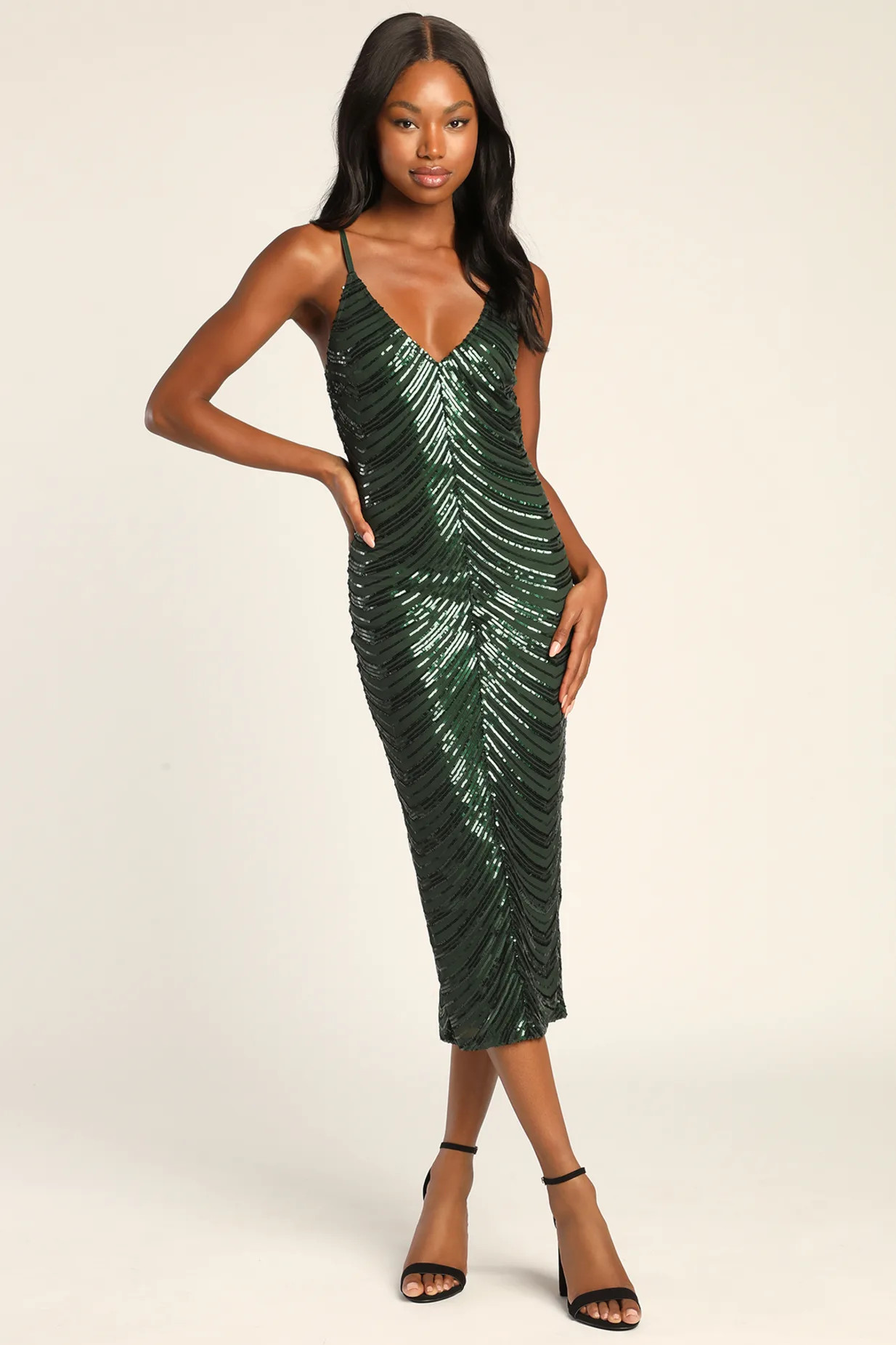 Like a Movie Star Hunter Green Sequin Bodycon Midi Dress | Lulus