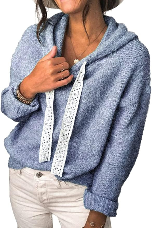 BTFBM Women Casual Sweater Hoodies Lace Drawstring Long Sleeve Knit Pullover Tops Solid Color Str... | Amazon (US)