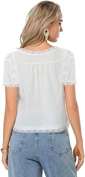 Amiblvowa Women's Lace Button Up Short Sleeve Semi Sheer Ruffle Blouse | Amazon (US)