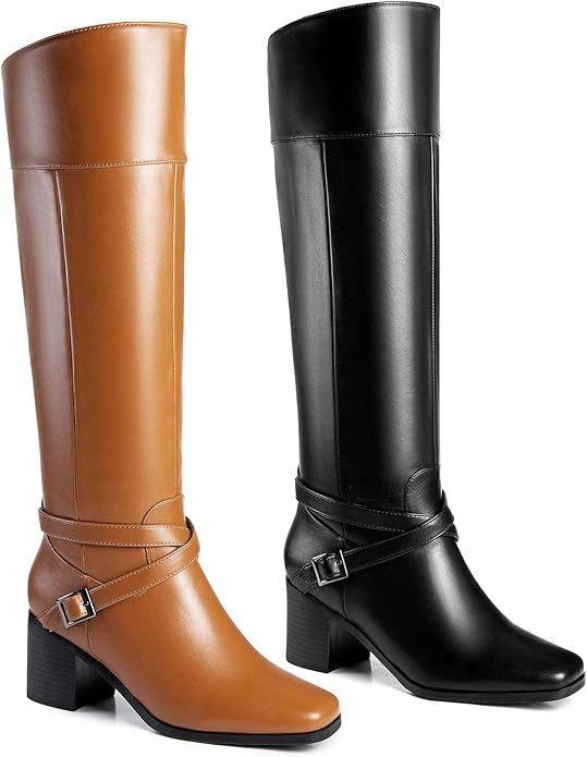 ANN CREEK 'Jumas' Block Heel Square Toe Crisscross Buckle Straps Knee-High Riding Boots | Amazon (US)