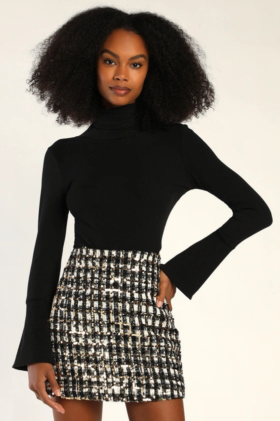 Bubbly Vibe Black White and Gold Sequin Boucle Mini Skirt | Lulus