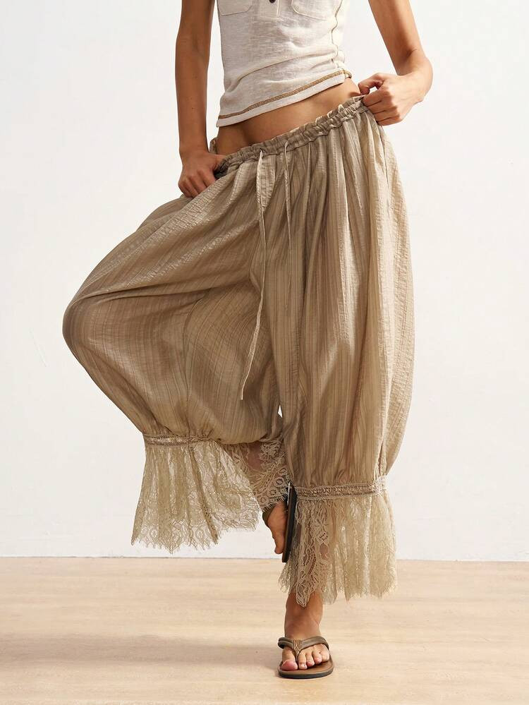 Bohemela Women's Casual Woven Patchwork Lace Trim Loose Pants | SHEIN