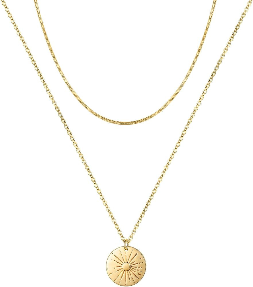 Gold Layered Necklaces for Women - 14K Gold Plated Handmade Multilayer Bar Pearls Coin Disc Moon ... | Amazon (US)