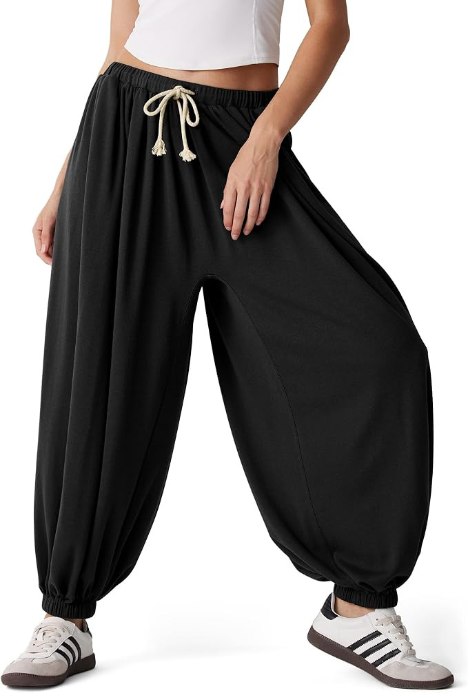 MOOSLOVER Women Pleated Balloon Pants Elastic Waist Baggy Harem Pant Comfy Loose Casual Workout P... | Amazon (US)