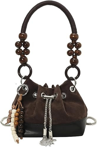 Bucket Bag Suede Beaded Drawstring Shoulder Purse Vintage with Chain Strap Crossbody Handbag Alt ... | Amazon (US)