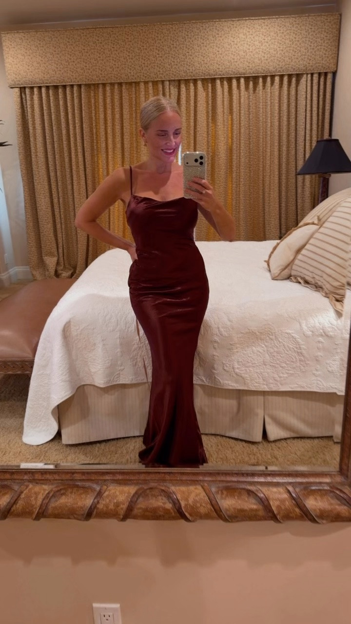 This beautiful satin chocolate Brown gown is perfect as a fall wedding guest dress. I'm wearing a size small.￼ ￼