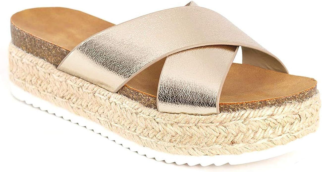 Chenghe Women's Platform Sandals Casual Espadrilles Faux Leather Wedges Summer Criss Cross Open T... | Amazon (US)