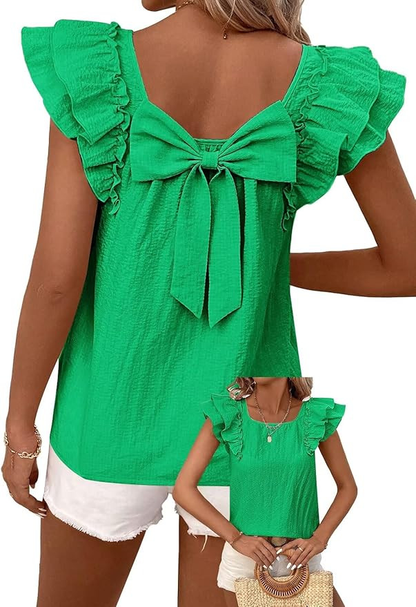 Womens Bow Tie Back Tops Round Neck Ruffle Short Sleeve Shirts Cute Babydoll Chiffon Tee Women Su... | Amazon (US)