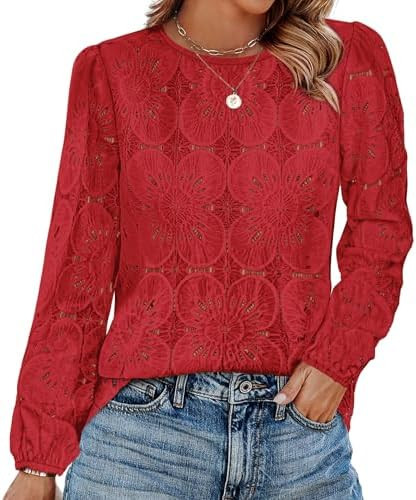 OFEEFAN Blouses for Women Dressy Casual Spring Tops 2026 Summer Outfits Flower Lace Crochet Long ... | Amazon (US)