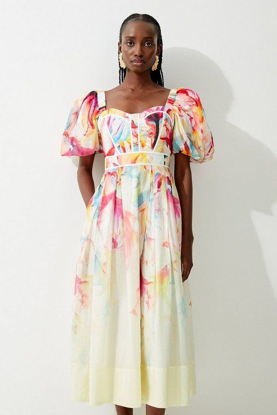 Petite Ombre Floral Silk Cotton Midi Dress | Karen Millen UK + IE + DE + NL