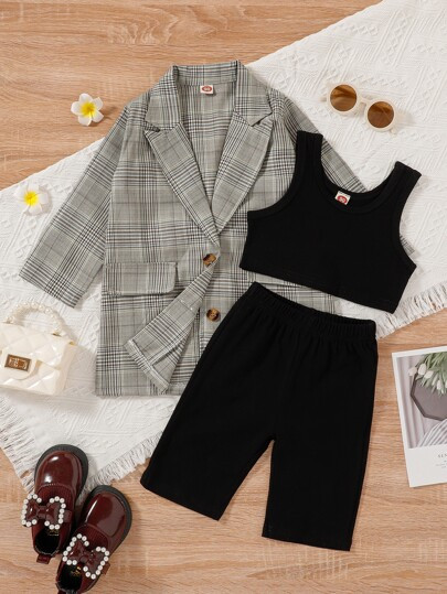 Toddler Girls Tank Top & Shorts And Plaid Blazer | SHEIN