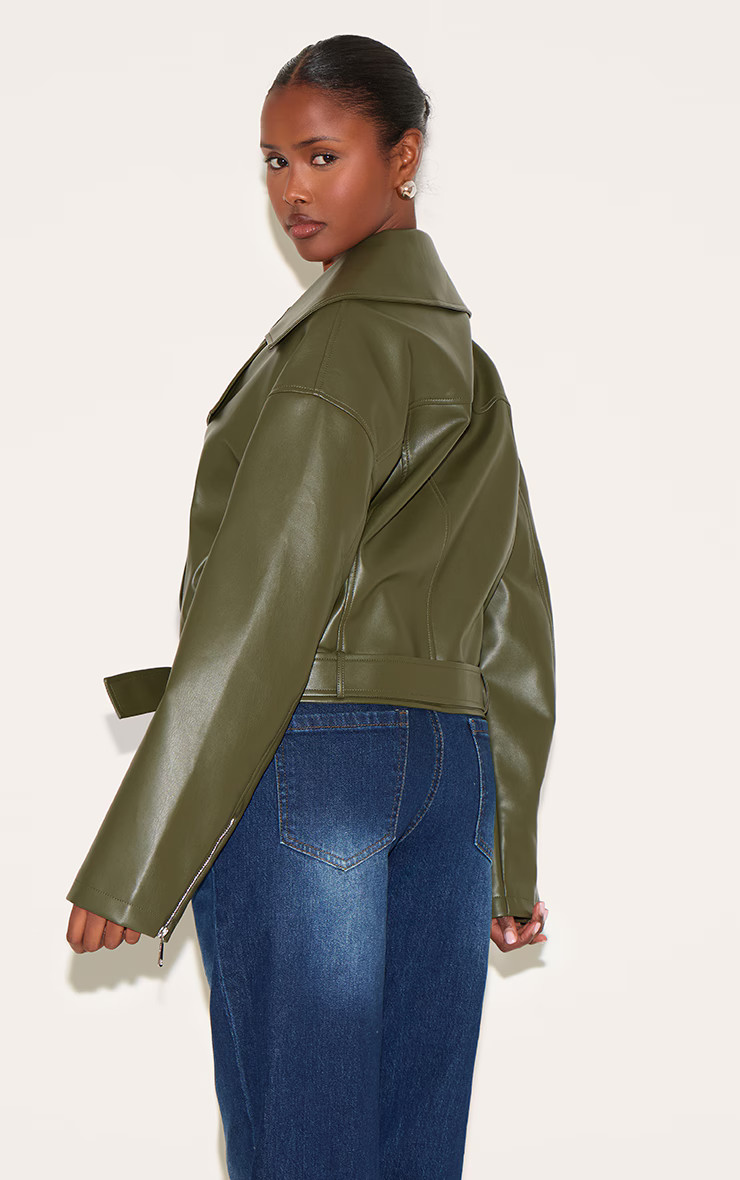 Dark Khaki PU Belted Relaxed Fit Biker Jacket | Outerwear | PrettyLittleThing US