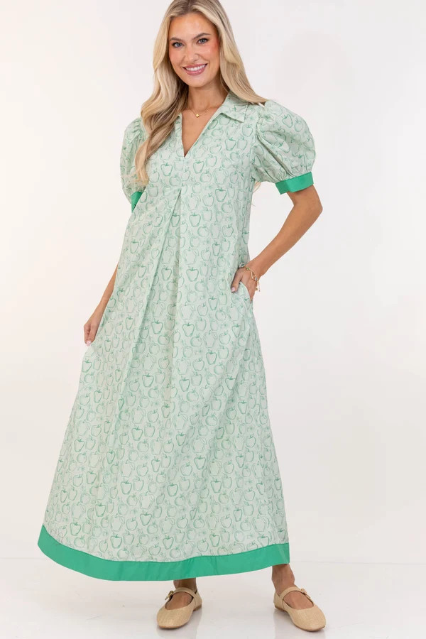Out Of Town Green Apple Print Midi Dress | The Mint Julep Boutique