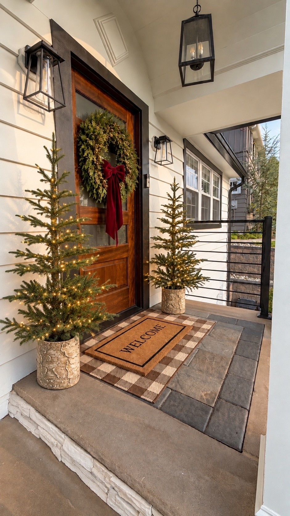 Sharing a rendering of how I’m envisioning my front porch for the holidays ahead. 🤎 

Simple greenery, warm lights, layered rugs, and a burgundy velvet bow. Linking the pieces if you’re looking for a little porch inspiration!