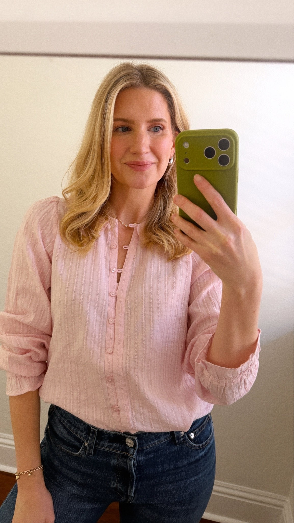 My absolute favorite blouse that is under $50 now comes in long sleeve! I have the short sleeve and white and cannot get over how pretty this pale pink is. I’m wearing a size small true to size.