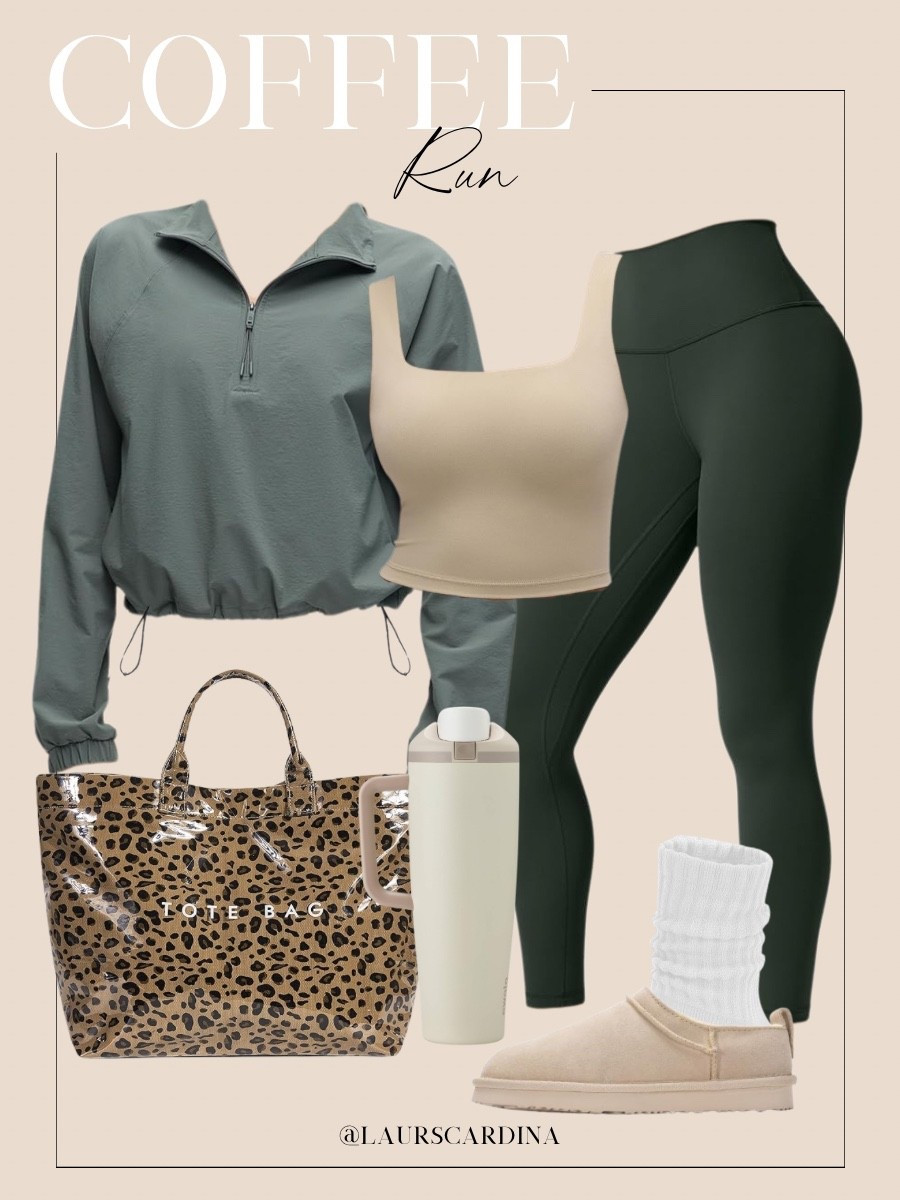 This coffee run outfit includes a beige tank paired with drawstring workout jacket, green leggings, a leopard print tote bag, water bottle, leather micro boots, and scrunchie socks. 

Casual outfit, workout outfit, errands outfit, ootd, affordable fashion, amazon fashion

#LTKActive #LTKootd #LTKdayinmylife