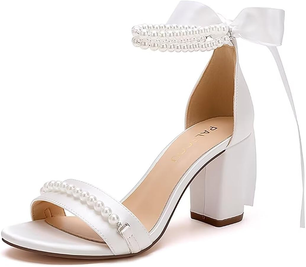 PALSCOU Block Heel Wedding Sandals Pearl Wedding Shoes for Bride Open Toe Bridal Shoes Chunky Hee... | Amazon (US)