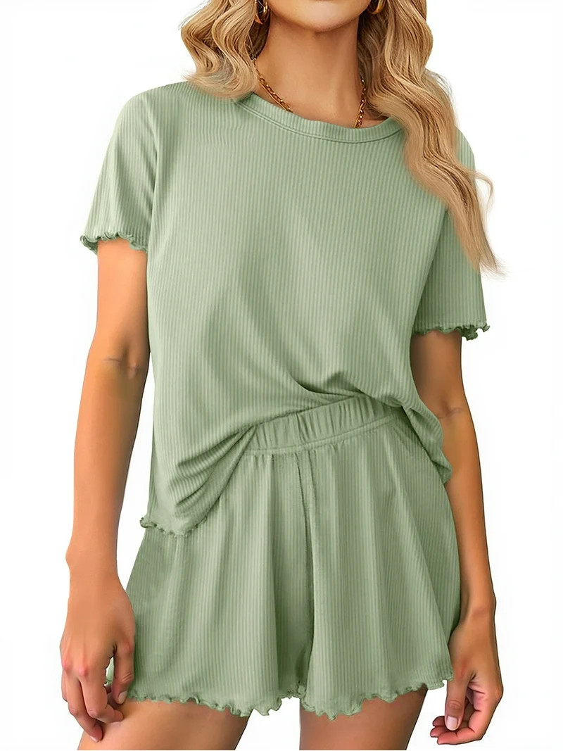 MOSHU Womens Pajamas Sets Ribbed Knits Tops and Elasticated Waist Shorts with Pocket Ruffle Edge ... | Walmart (US)