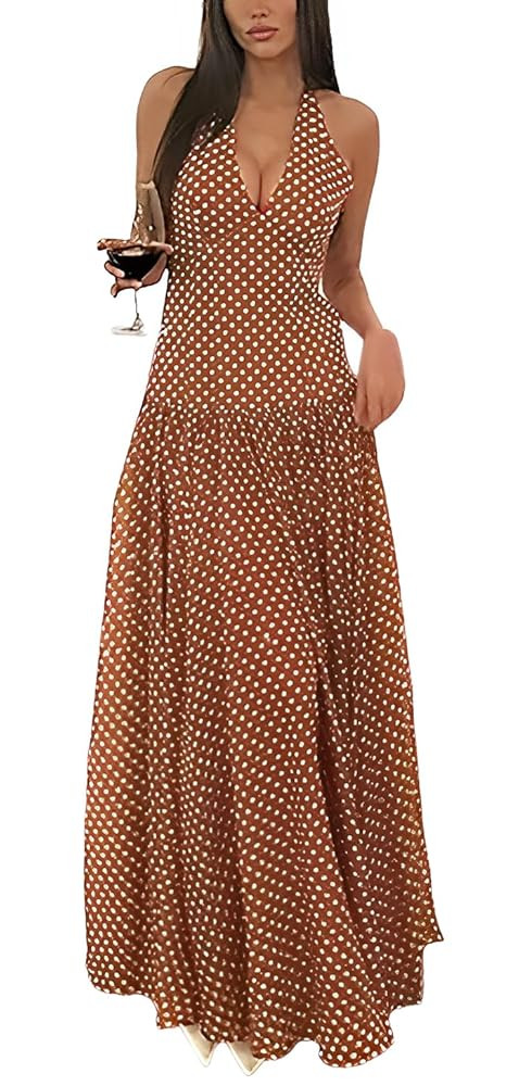 Women's Polka Dot Halter Neck Sleeveless V-Neck Swing Summer Sundress Casual Retro Cocktail Party... | Amazon (US)