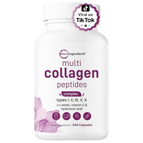 Micro Ingredients Multi Collagen Pills for Women & Men, 240 Capsules | Type I, II, III, V, X | Hydrolyzed Peptides with Biotin, Hyaluronic Acid, & Fat Soluble Vitamin C Complex | Non-GMO, Filler Free | Amazon (US)
