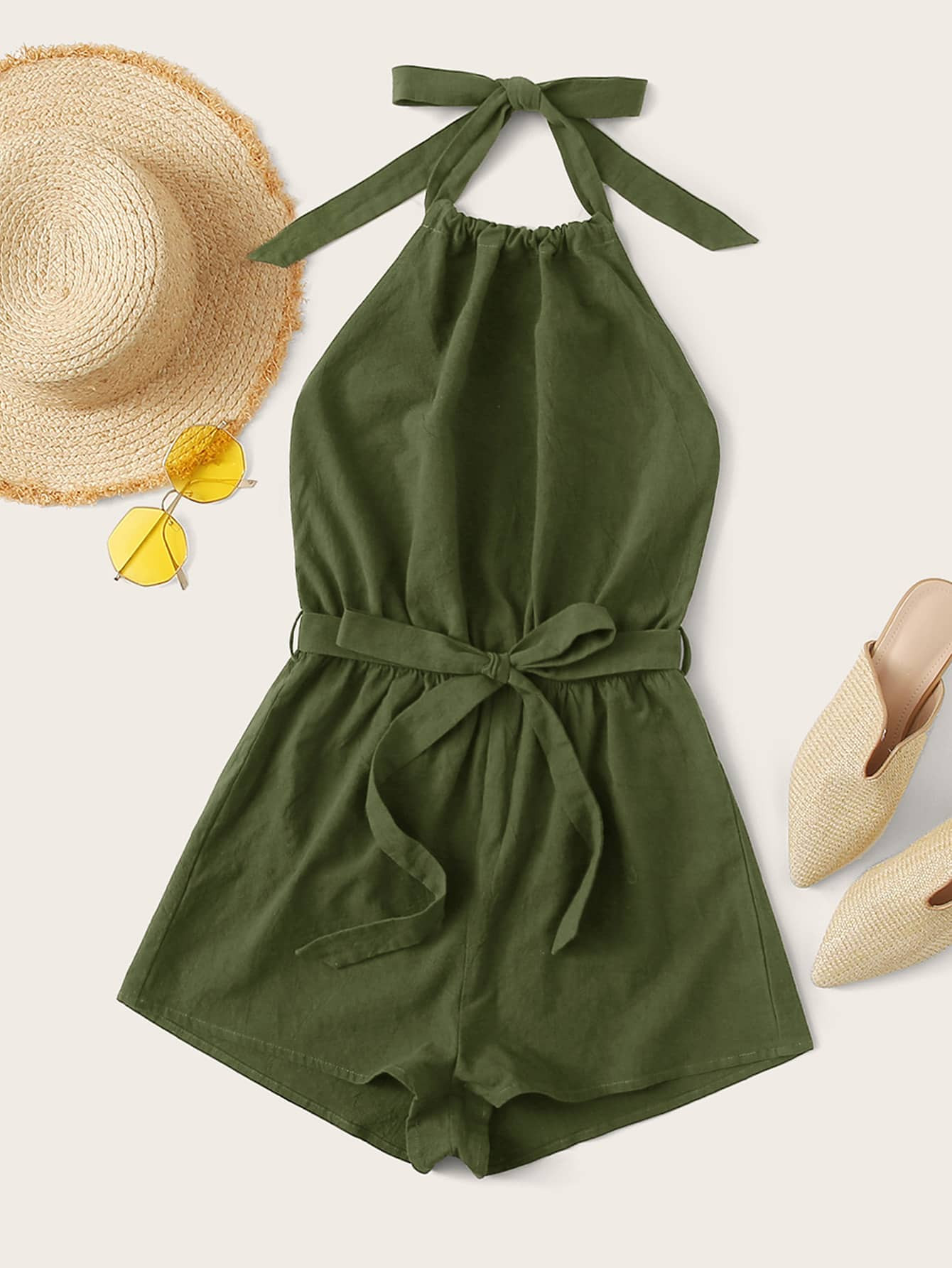 SHEIN Belted Tie Back Halter Romper | SHEIN