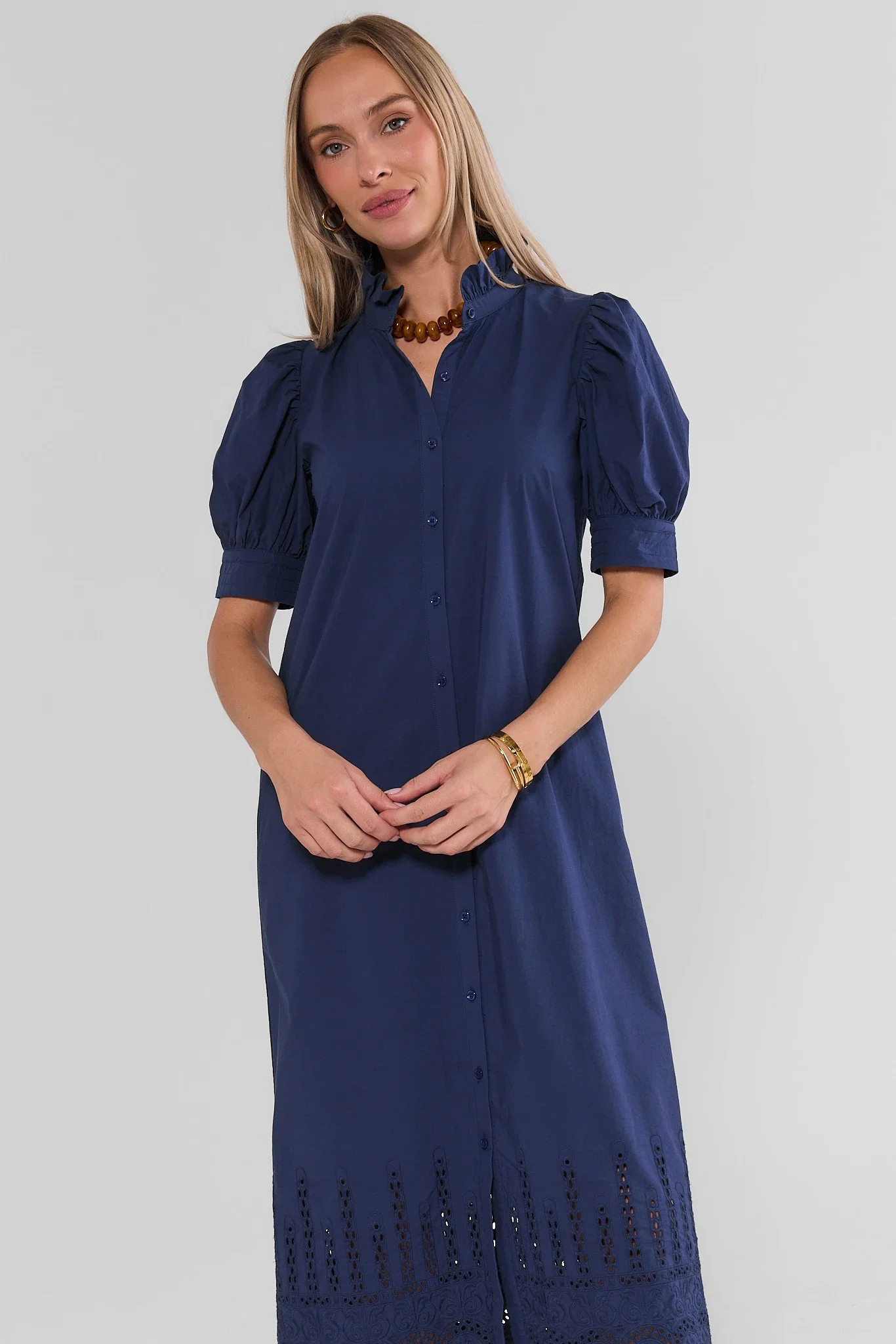Navy Eyelet Trim Maxi Dress | Avara