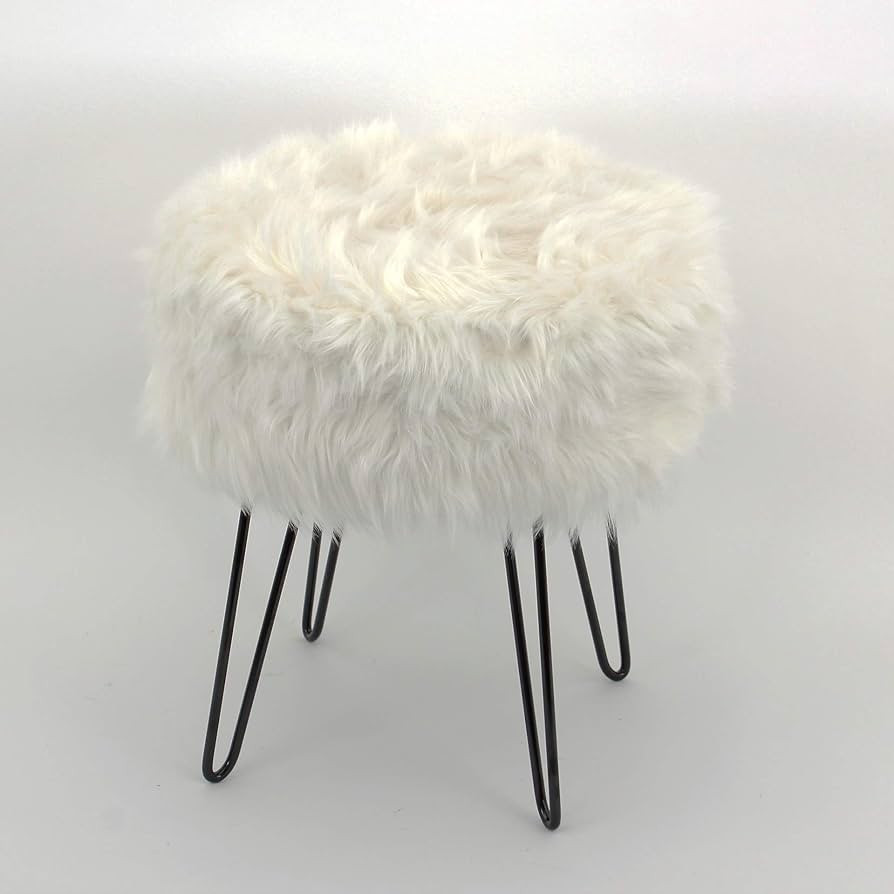 Modern Home Footrest, Round Fur Foot Stool, Faux Fur Ottoman (White) | Amazon (CA)