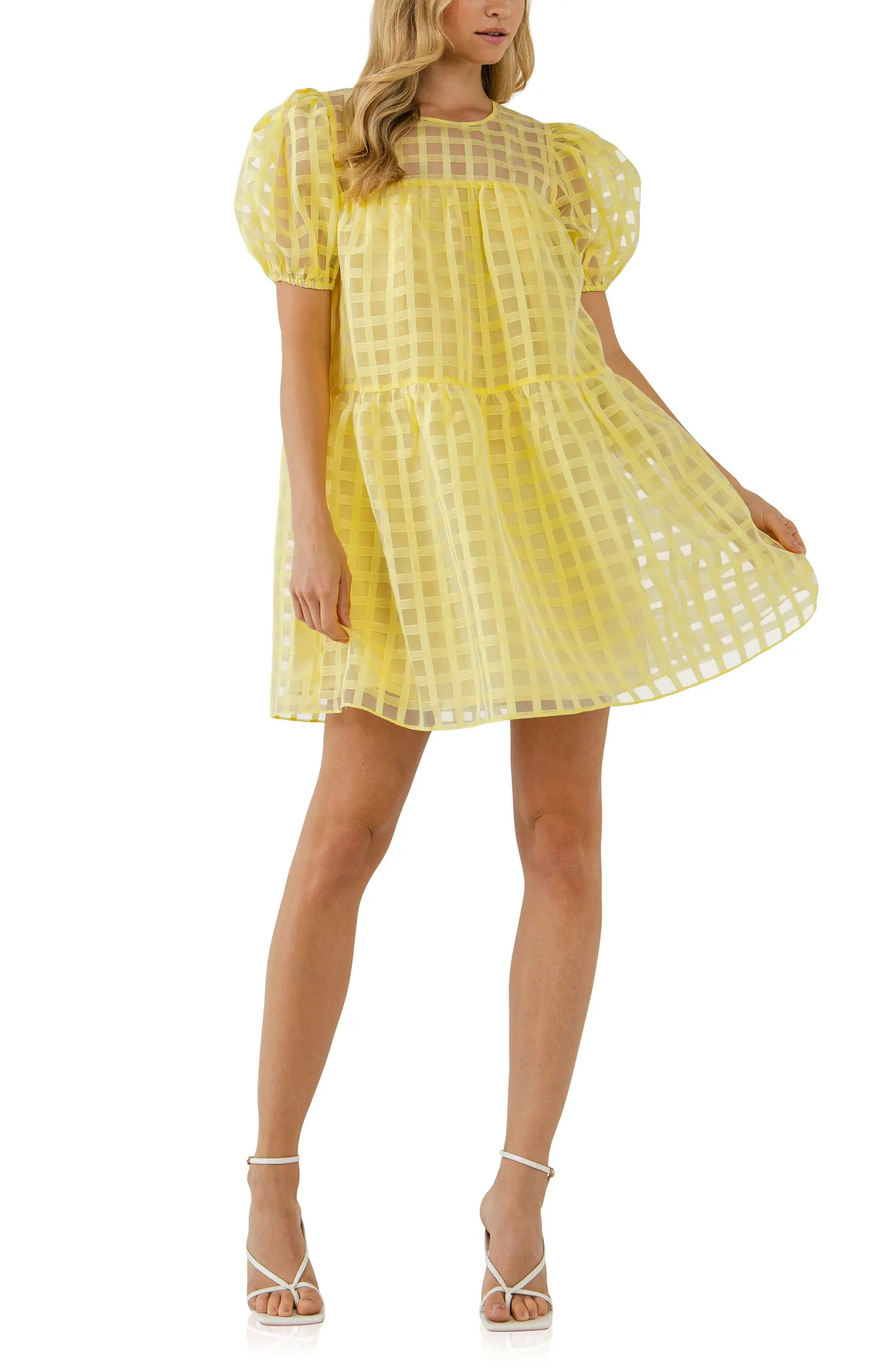English Factory Gridded Puff Sleeve Dress | Nordstrom | Nordstrom