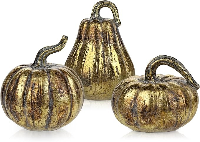 Hollyone Fall Pumpkin Decor 3 PCS Gold Resin Pumpkin Figurines Fake Pumpkins for Decorating Faux ... | Amazon (US)