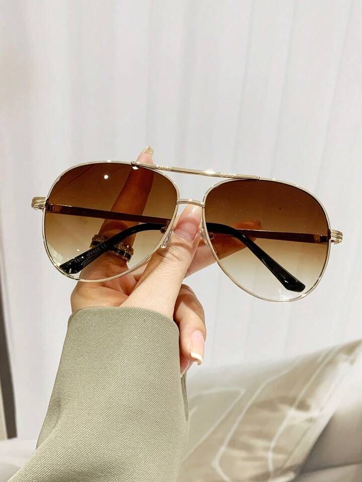 1pc Women's Metal Oval Frame Vintage Double Beam Aviator Sunglasses For Vacation Shades Beach Acc... | SHEIN