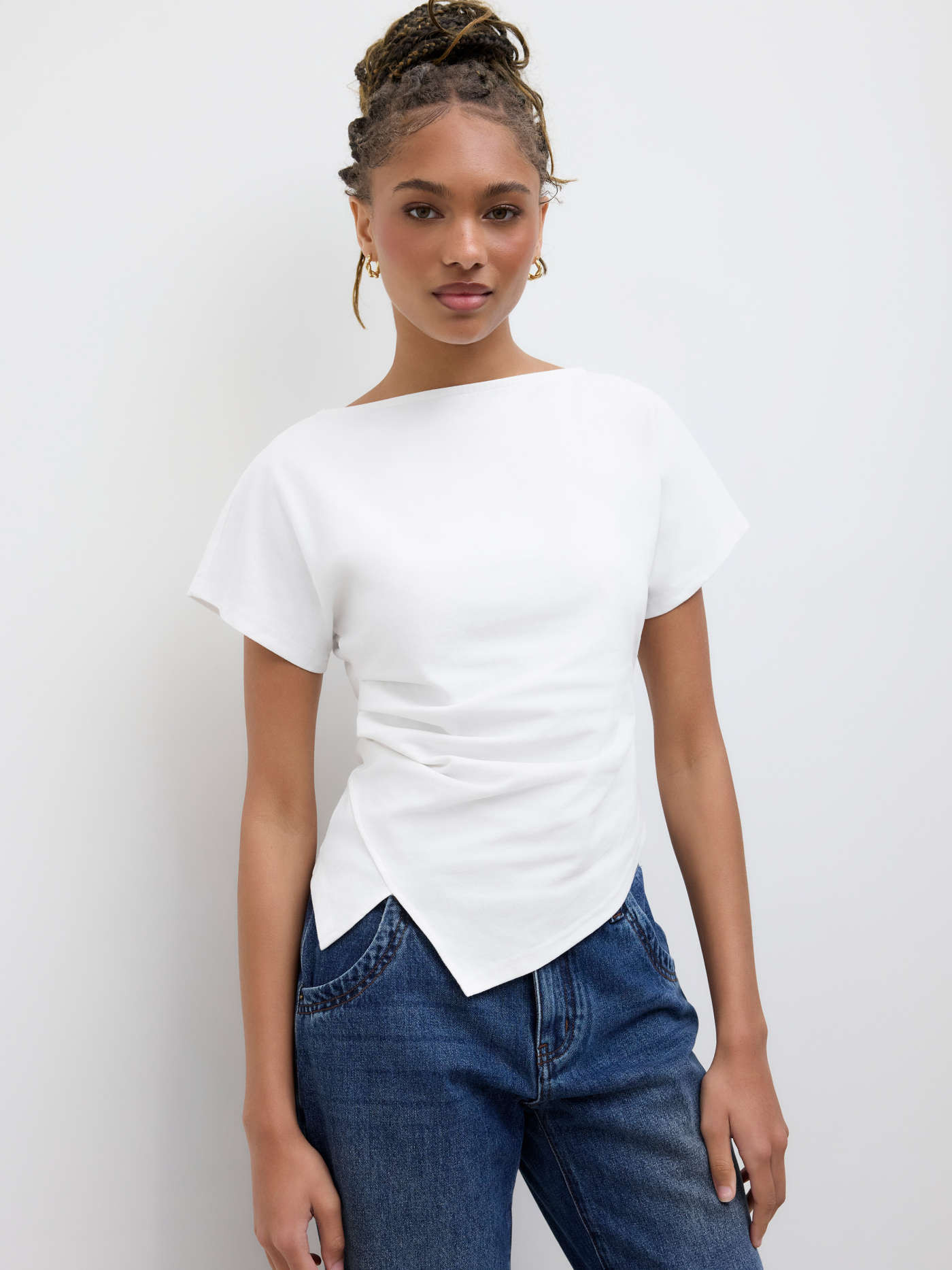 Knit Fabric Cotton-blend Boat Neck Ruched Asymmetrical Hem Tee For Daily Casual | Cider