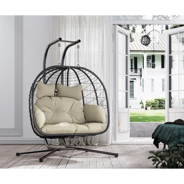 LHBcraft Double Wicker Swing Egg Chair Hammock Foldable Hanging Loveseat with Stand, UV Resistant... | Walmart (US)