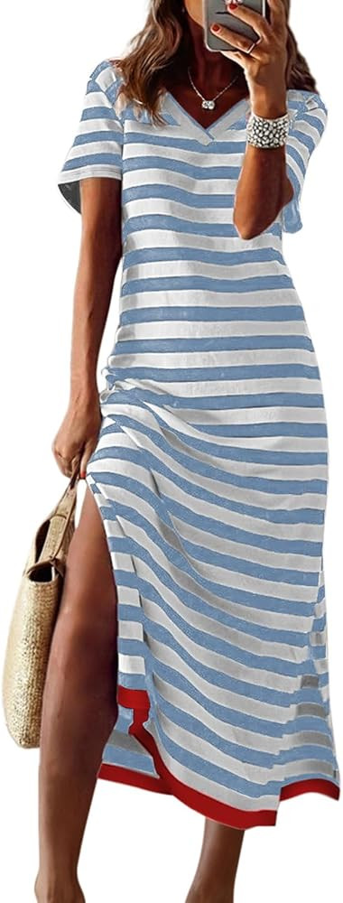 Dokotoo Womens 2026 Short Sleeve Maxi Dress Striped Split T Shirt Dress | Amazon (US)