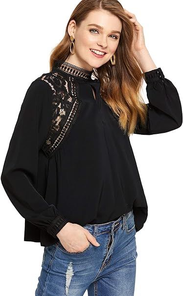 SheIn Women's Casual Long Sleeve Keyhole Contrast Lace Tops Blouses | Amazon (US)