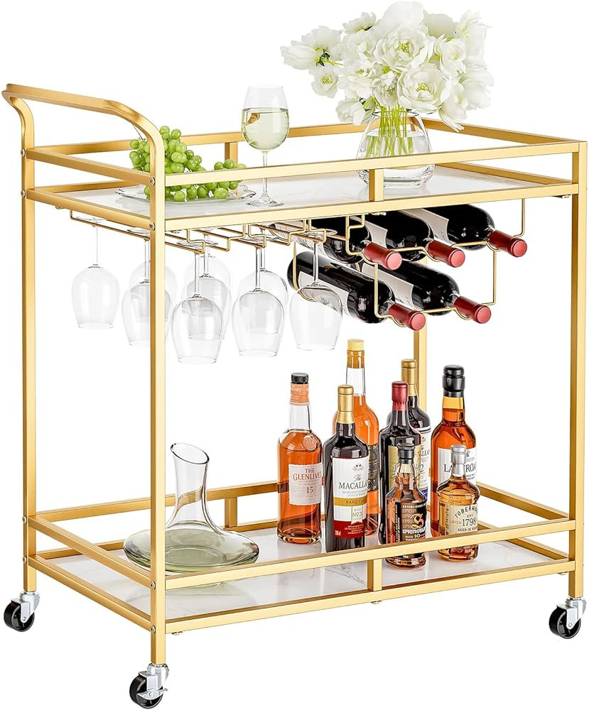 YORKING 2-Tier Bar Cart, Gold Bar Cart with Wine Rack and Glasses Holder, Home Bar Serving Cart w... | Amazon (US)