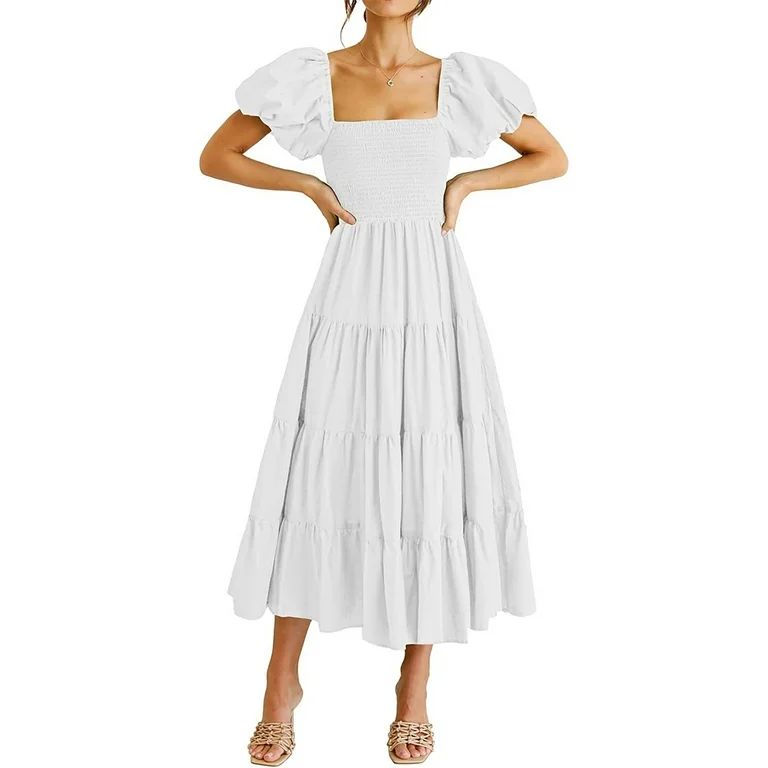 ALSLIAO Women Square Neck Puff Sleeve Casual High Waist Midi Dress Summer Beach Sundress White L | Walmart (US)