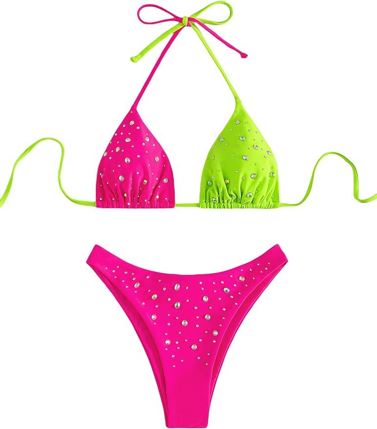 Verdusa Women's Colorblock Halter Swimwear Bikini Sets Two Piece Bathing Suit | Amazon (US)