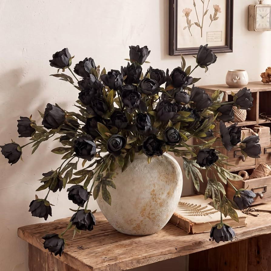 Thiccywoov Faux Silk Peony Artificial Flowers Stem for Vase,8 Pcs,Black | Amazon (US)