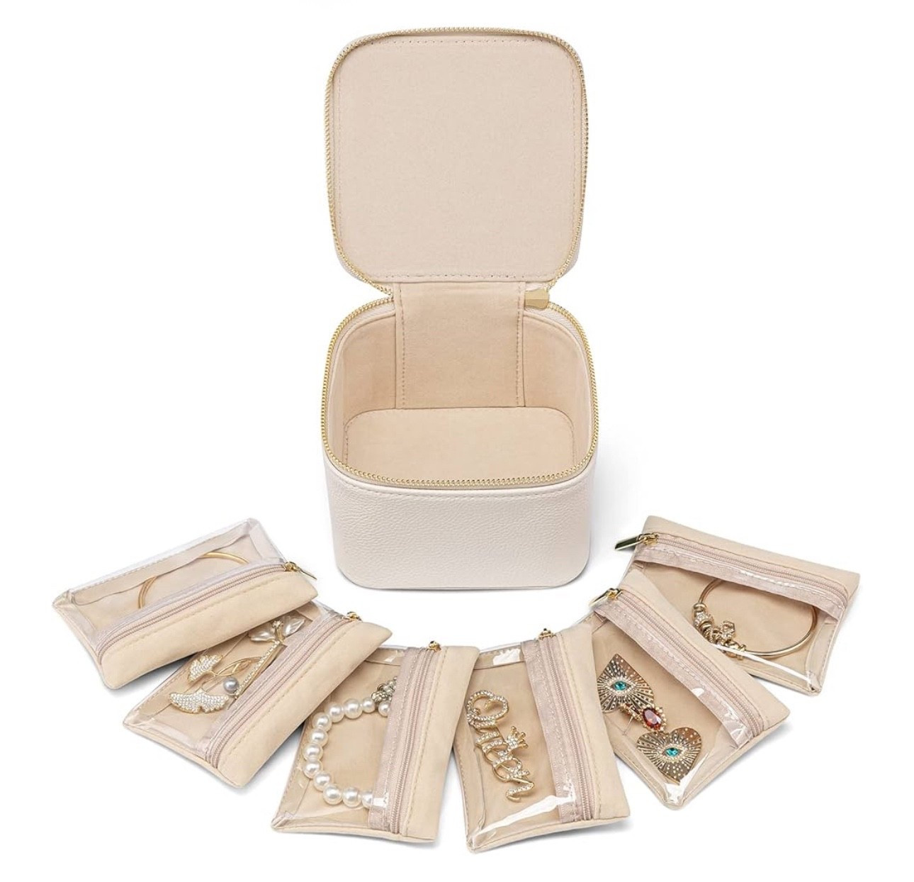 Vlando Travel Jewelry Case,Small Jewelry Box Organizer,Travel Jewelry Storage with 6 Velvet Jewelry Zipper Pockets, Birthday Gifts for Women Girls (White

#LTKTravel