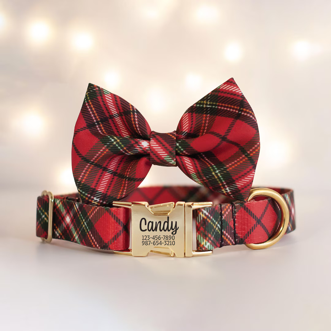 Personalized Christmas Dog Collar and Bow Tie for Boy or Girl Dogs Red Plaid Collar Engraved Buck... | Etsy (US)