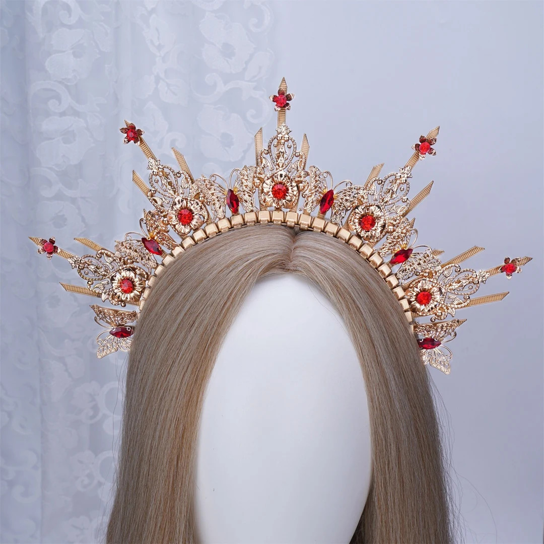 Gold Halo Crown, Gift for Her, Halo Headpiece With Red Diamond, Queen Headpiece With Butterfly, W... | Etsy (US)