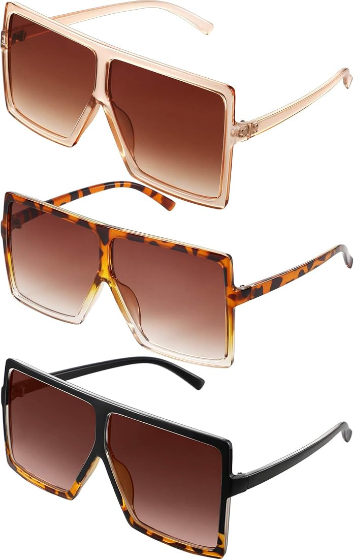 3 Pieces Oversized Square Sunglasses Flat Top Fashion Oversized Shades for Women | Amazon (US)