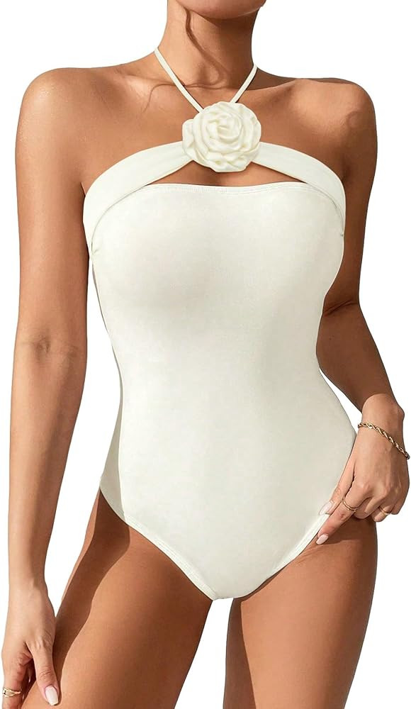 OYOANGLE Women's 3D Floral Appliques One Piece Swimsuit Strapless Sleevelesss Tummy Control Bathi... | Amazon (US)