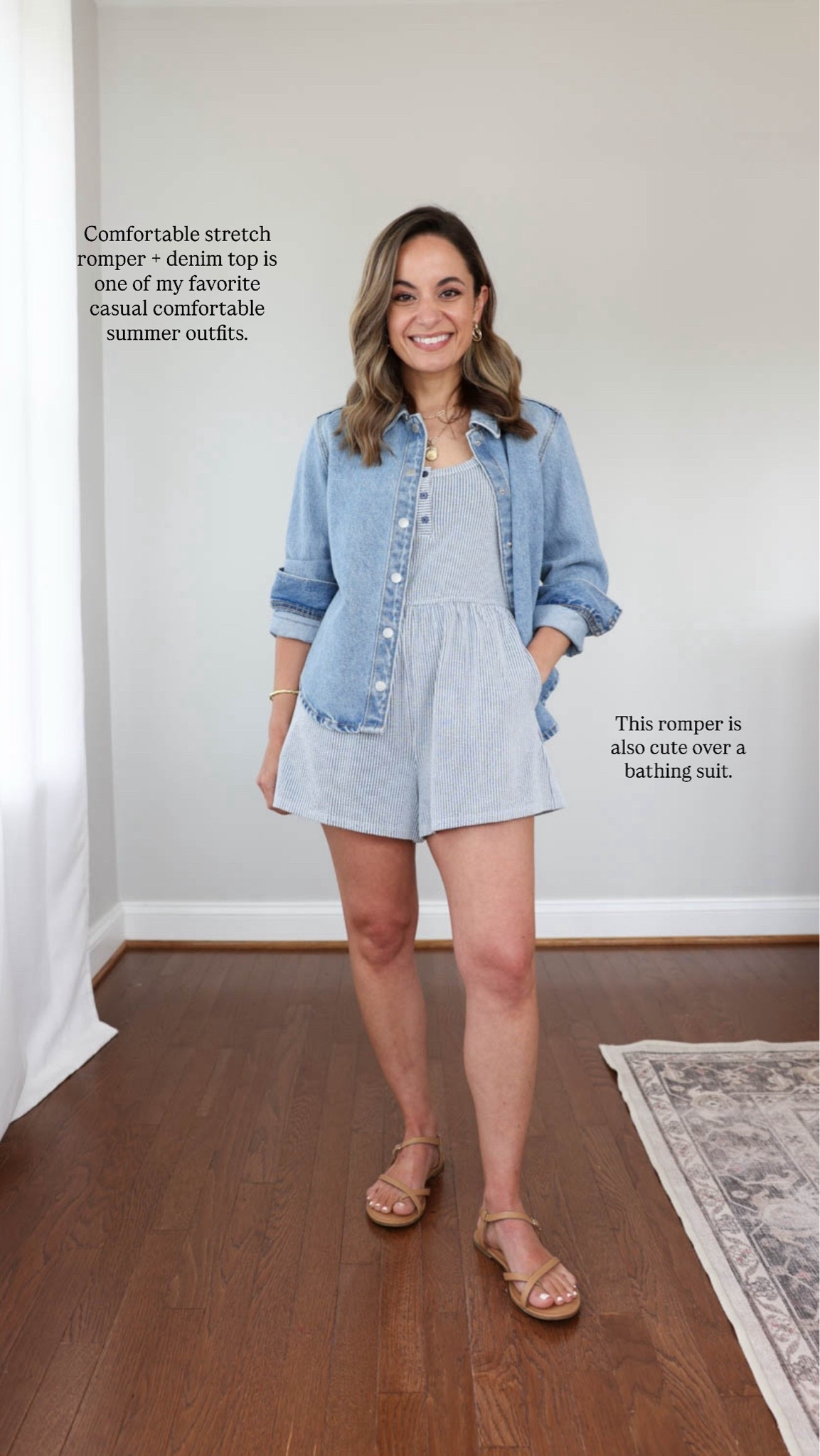 Casual and comfortable summer outfits! 

Romper (Target): xs 
Denim top (Target):xs 
Sandals (Target)