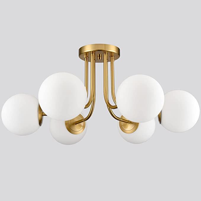SHAWNKEY Modern Brushed Brass Gold 6-Light Ceiling Light with Globe White Glass Shade Semi Flush ... | Amazon (US)