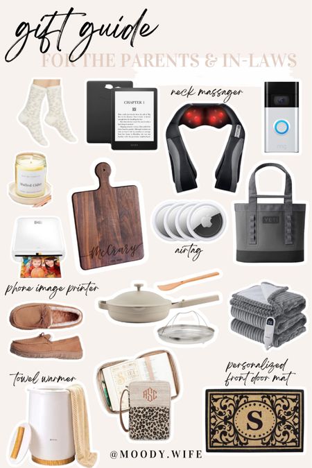 Gift Guide for your parents and in-laws 🫶🏼 Great holiday gift finds when shopping for your parents and your in-laws!#christmasgift #giftguide #parentgiftideas #motherinlawgiftideas #momgiftideas #inlawsgiftideas  #momstyle 

kindle / barefoot dreams socks / neck massager / ring doorbell camera / candle / personalized charcuterie board / apple air tag / yeti cooler / phone image printer / always pan / loader slippers / heated blanket / towel warmer / bible carrying case / monogrammed door mat